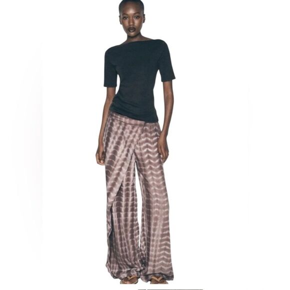 ZARA NWT Tie Dye Linen Wrap Pants Womens Large Wide Leg Lagenlook Boho Beachy - Picture 4 of 16